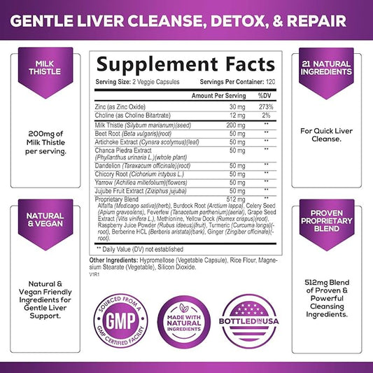 Gentle Liver Cleanse Detox & Repair Formula - Herbal Liver Support Supplement: Milk Thistle with Silymarin, Artichoke Extract, Dandelion, Beet, Chicory Root, & Turmeric for Liver Health - 240 Capsules