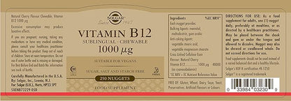 Solgar Vitamin B12 1000 mcg, 250 Nuggets - Supports Production of Energy, Red Blood Cells - Healthy Nervous System - Promotes Cardiovascular Health - Vitamin B - Non-GMO, Gluten Free - 250 Servings