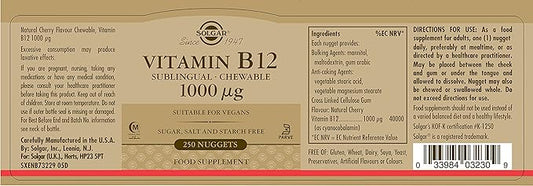 Solgar Vitamin B12 1000 mcg, 250 Nuggets - Supports Production of Energy, Red Blood Cells - Healthy Nervous System - Promotes Cardiovascular Health - Vitamin B - Non-GMO, Gluten Free - 250 Servings