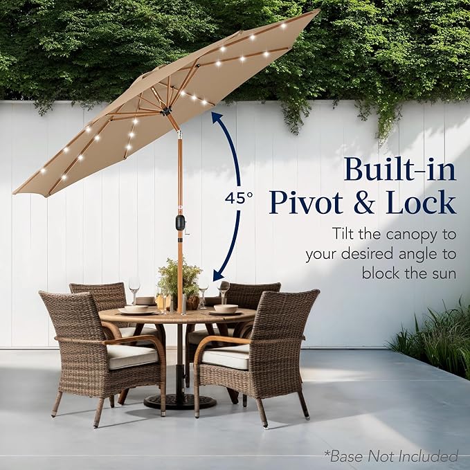 Best Choice Products 10ft Solar Market Patio Umbrella w/Woodgrain Pattern Pole, LED Lights, Tilt & Crank – Outdoor Sun Shade for Backyard Table, Deck, Poolside – Tan
