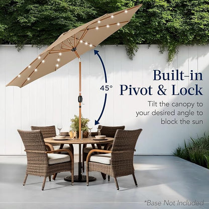 Best Choice Products 10ft Solar Market Patio Umbrella w/Woodgrain Pattern Pole, LED Lights, Tilt & Crank – Outdoor Sun Shade for Backyard Table, Deck, Poolside – Tan