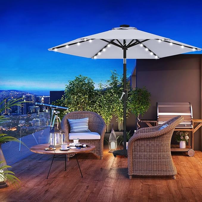 ABCCANOPY Durable Solar Led Patio Umbrellas with 24LED Lights 7.5FT with 6 Sturdy Ribs (Fog Gray)