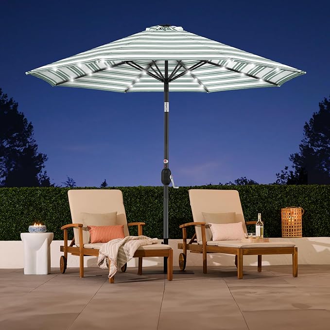 Best Choice Products 10ft Solar Polyester LED Lighted Patio Umbrella w/Tilt Adjustment and UV-Resistant Fabric - Striped Green