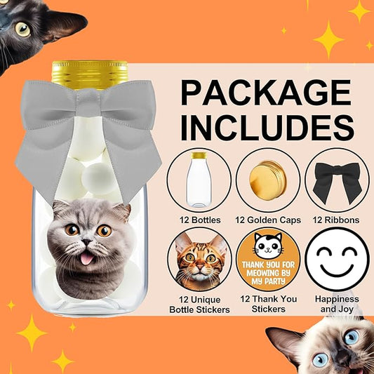 Small 12 Pack Cat Party Favors - DIY Candy Jars with Ribbons and Stickers - Kitty Decoration Bottles for Birthday and School Classroom Kids - Kawaii Treat Table Centerpiece for Boys and Girls