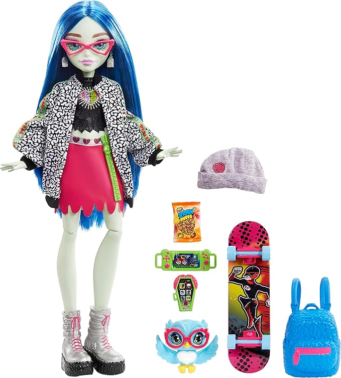 Monster High Ghoulia Yelps Posable Doll (10.3 in) with Blue Hair, Pet and Accessories