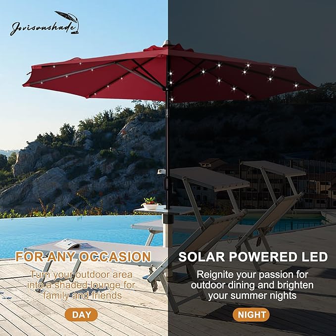 9FT LED Patio Umbrella, Solar Outdoor Umbrellas with LED Lights, Deck Umbrella with Push Button Tilt and Crank, UV Protection Waterproof for Pool, Porch, Garden, Deck, Backyard. (Red)