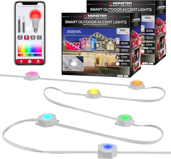 Monster Smart Permanent Outdoor Lights, 200ft, 144 LED Eaves Lights, RGB+IC+WW, Weather & Water Resistant, App & Voice Control, Compatible with Alexa & Google, Halloween, Christmas, Year-Round