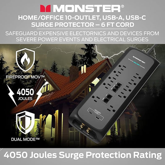 Monster Black Heavy Duty Surge Protector Power Strip 6 ft Cord with 10 120V-Outlet Extension, 2 Ethernet Switch Ports, 4050J Rating, 1 USB-A, and 1 USB-C Charging Ports – Ideal for Computers & Offices