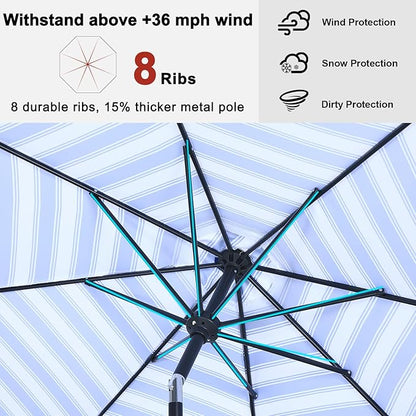 ABCCANOPY 9FT Outdoor Patio Umbrella, 8 Ribs Table Umbrella w/Crank for Easy Set Up, Suitable for Garden, Lawn, Deck & Backyard (Blue White Stripes)