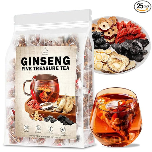 Premium Ginseng Five Treasure Tea - Nourishing Formula with Red Dates & Six Precious Herbs,Chinese Herbal Blend for Men and Women,1Pack (25 Tea Bags)