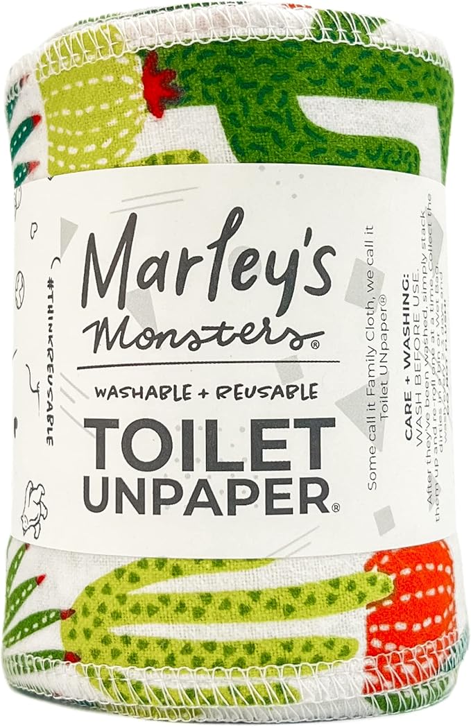 Marley's Monsters Toilet UNpaper - 24 count roll, Reusable Toilet Paper - Absorbent Bidet Cloth Wipes, (Cactus)