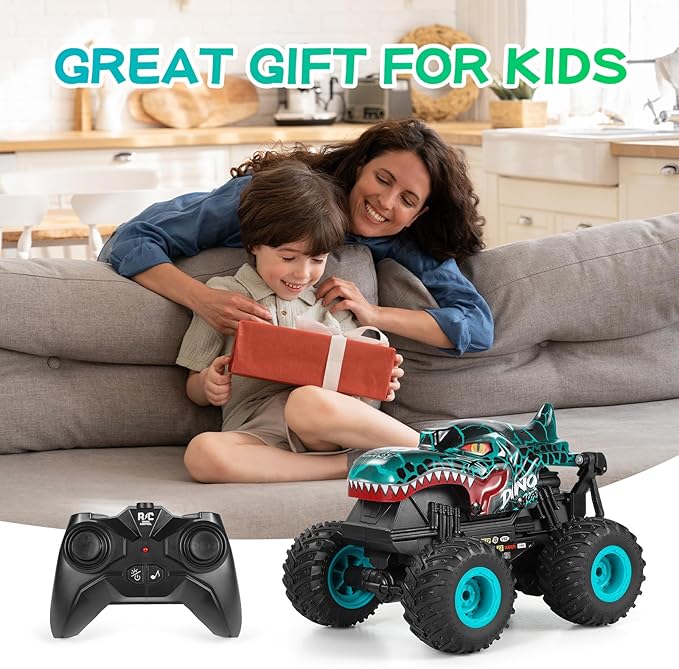 DYODYORC Remote Control Car, 2.4Ghz All Terrain Dinosaur Monster Truck Toys, RC Truck with Music, 3 Lighting Effects, 360 Stunt Capable, All Included Ready to Run, Toy Gifts for Boys and Girls (Cyan)