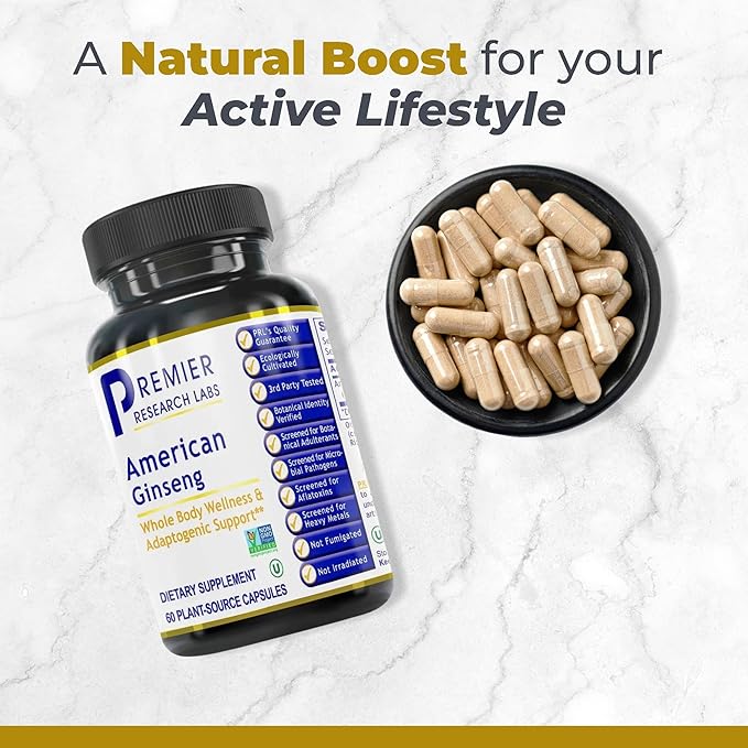 Premier Research Labs American Ginseng Supplement - American Ginseng Capsules, Herbal Ginseng Root Pills, North American Ginseng Herb Extract, Calming Energy Supplement - 60 Plant-Based Capsules