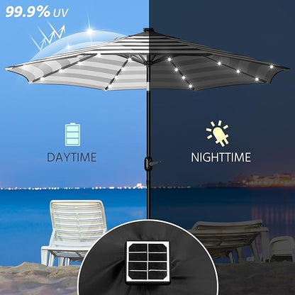 Yaheetech 9FT Solar Patio Umbrella 32 LED Lighted Table Umbrella with 8 Ribs/Tilt & Crank Lift System for Garden/Lawn/Deck/Backyard/Pool, Black/White