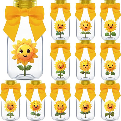 Small 12 Pack Sunflower Party Favors - DIY Candy Jars with Ribbons and Stickers - Party Decoration Bottles for Birthday, School Classroom, Baby Shower, Bridal Shower, and Wedding - Sun Flower
