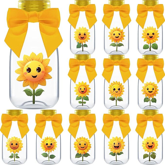 Small 12 Pack Sunflower Party Favors - DIY Candy Jars with Ribbons and Stickers - Party Decoration Bottles for Birthday, School Classroom, Baby Shower, Bridal Shower, and Wedding - Sun Flower