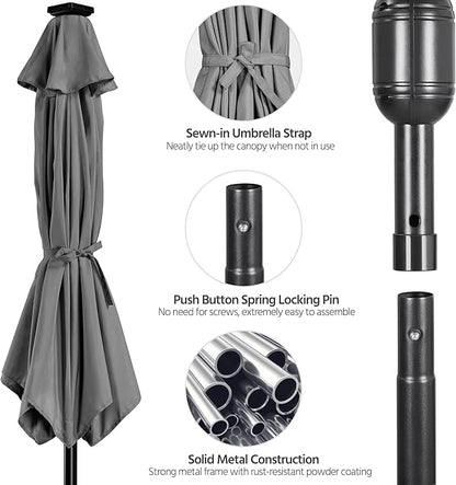 Yaheetech 7.5 ft Solar Patio Umbrella LED Lighted Umbrella with Tilt and Crank Lift System, Table Market Sunshade for Garden, Deck, Backyard, Pool and Beach, Grey