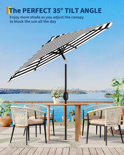 9FT Patio Umbrella Outdoor, Market Umbrella, Table Umbrella with Push Button Tilt and Crank, 8 Sturdy Ribs UV Protection Waterproof for Garden, Pool, Deck, Backyard (Black-and-white striped)