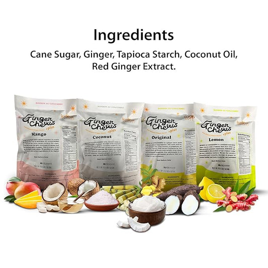 Fusion Select Ginger Chews - Sweet Soft Candied Delights From Indonesia - Promotes Relief From Morning Sickness, Upset Stomach - Made from Real Ginger Root, Non-GMO, Vegan Candy (4 Variety Flavors)