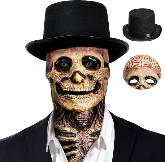 Spooktacular Creations 2PCS Halloween Skull Mask with Black Top Hat, Scary Full Head Skeleton, Creepy Realistic Biochemical Latex Mask for Men Women Kids Halloween Cosplay Costume Accessory