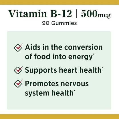 Nature's Bounty Nature’s Vitamin 500mcg Gummies Fruit Flavored Gummy Vitamin Supplements for Adults, B-12, 90 Count