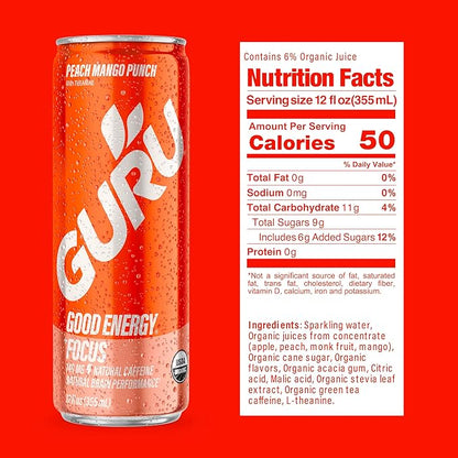 GURU PUNCH Organic Energy Drinks Variety Pack, Clean Energy Drink with Plant Based Natural Caffeine from Green Tea + Focus w/L-Theanine, Gluten Free, 140mg Caffeine, Healthy Drinks, 12oz (Pack of 12)