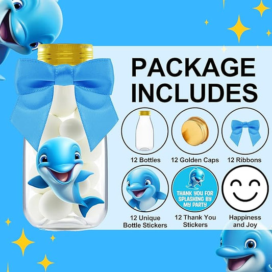 Small 12 Pack Dolphin Party Favors - DIY Candy Jars with Ribbons and Stickers - Party Decoration Bottles for Birthday, School Classroom, and Baby Shower - Dolphin Table Centerpiece for Kids