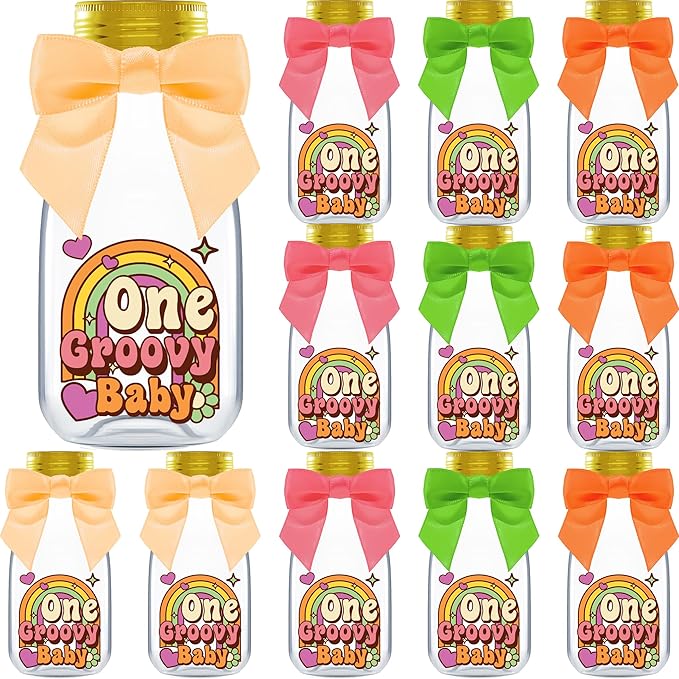 Small 12 Pack One Groovy Baby Party Favors - DIY Candy Jars with Ribbons and Stickers - Funky Party Decoration Bottles for 1st Birthday Bash for Boy or Girl - Retro Hippie Table Centerpieces
