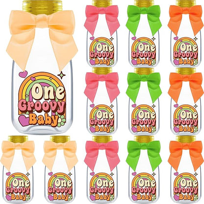 Small 12 Pack One Groovy Baby Party Favors - DIY Candy Jars with Ribbons and Stickers - Funky Party Decoration Bottles for 1st Birthday Bash for Boy or Girl - Retro Hippie Table Centerpieces