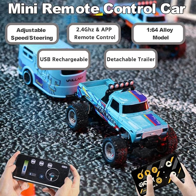 Mini RC Car, 1/64 Scale Mini Remote Control Monster Truck with Trailer, 2.4Ghz & APP Remote Control, Rechargeable Alloy Shell Mini RC Cars with Lights, Speed/Steering Adjustable (Green)