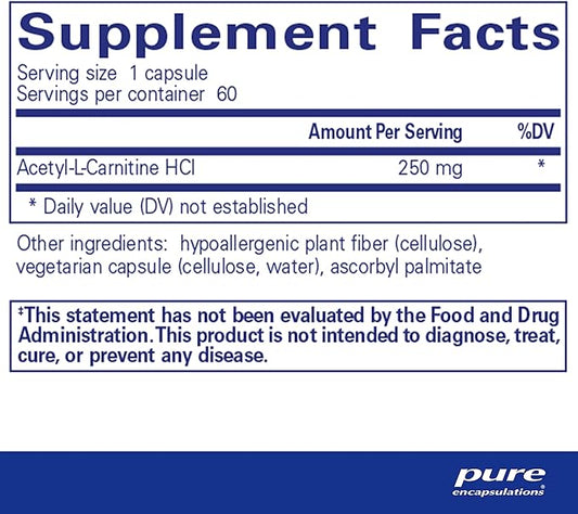 Pure Encapsulations Acetyl-L-Carnitine 250 mg - Memory & Brain Supplement - Brain Support & Focus* - Gluten Free & Non-GMO - 60 Capsules