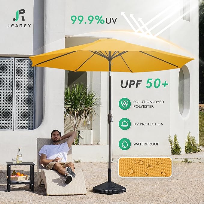 JEAREY 9FT Outdoor Patio Umbrella Outdoor Table Umbrella with Push Button Tilt and Crank, Market Umbrella 8 Sturdy Ribs UV Protection Waterproof for Garden, Deck, Backyard, Pool (Deep Orange)