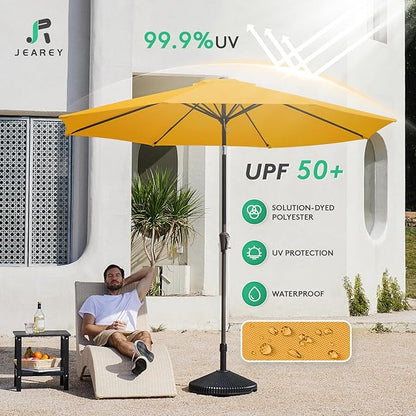 JEAREY 9FT Outdoor Patio Umbrella Outdoor Table Umbrella with Push Button Tilt and Crank, Market Umbrella 8 Sturdy Ribs UV Protection Waterproof for Garden, Deck, Backyard, Pool (Deep Orange)