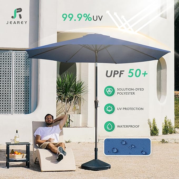 JEAREY 9FT Outdoor Patio Umbrella Outdoor Table Umbrella with Push Button Tilt and Crank, Market Umbrella 8 Sturdy Ribs UV Protection Waterproof for Garden, Deck, Backyard, Pool (Dark Blue)