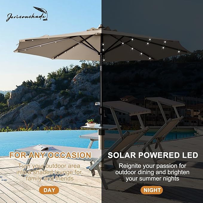 9FT LED Patio Umbrella, Solar Outdoor Umbrellas with LED Lights, Deck Umbrella with Push Button Tilt and Crank, UV Protection Waterproof for Pool, Porch, Garden, Deck, Backyard. (TAN)