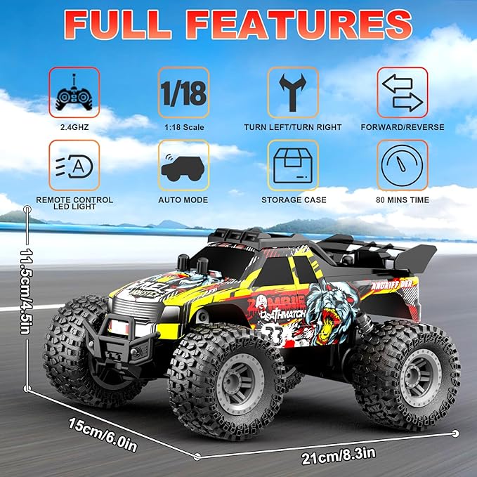 Remote Control Car for Kids Ages 6-12, High-Speed 2.4GHz Monster Truck with Flash LED Lights & Two Rechargeable Batteries – 80 Min Playtime, Off-Road Adventure Toy for Boys & Girls