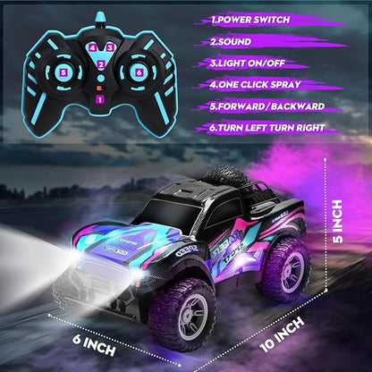 RC Cars 1:16 Remote Control Car for Boys 4-7 8-12,All Terrain Rechargeable Remote Control Truck for Kids, 2.4GHz Rc Monster Truck with Bodylight&Music&Spray, 20KM/H Car Toys for Ages 5-7, 8-13 Purple