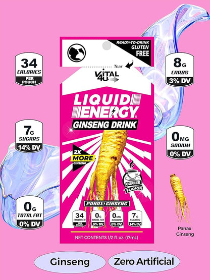 Vital 4U® Liquid Energy Shot - Ginseng, B Vitamins, Naturally Sweetened, Coffee Flavor, 24 ct