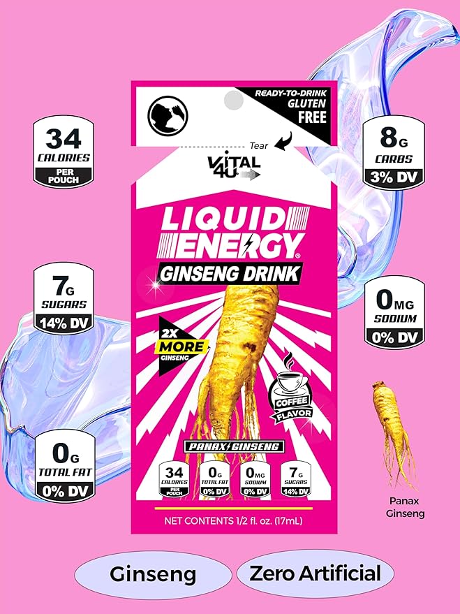 Vital 4U® Liquid Energy Shot - Ginseng, B Vitamins, Naturally Sweetened, Coffee Flavor, 24 ct