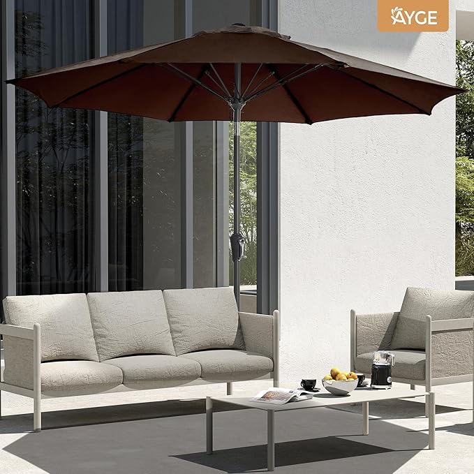 Ayge 9FT Large Outdoor Patio Umbrella Market Table Umbrella-UV Resistant, Easy Push Button Tilt and Crank, 8 Sturdy Fiberglass Ribs Heavy-Duty Pool Umbrella for Deck, Backyard,Garden