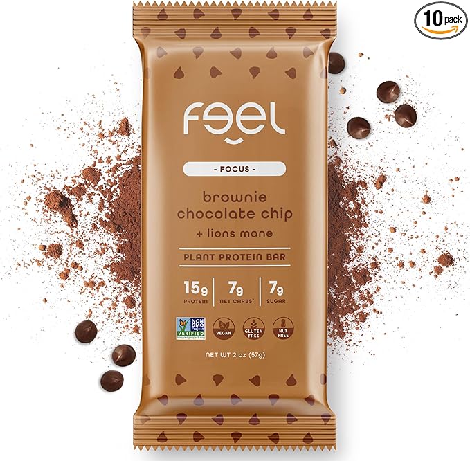 Feel Vegan Protein Bars | Brownie Chocolate Chip | Keto | Gluten Free | Organic | Lions Mane | 15g Plant Protein | Low Carb | High Protein | Dairy Free | Low Sugar | Grain Free | Nut Free | Soy Free | Non GMO - (Brownie Choco Chip, 10 Pack)