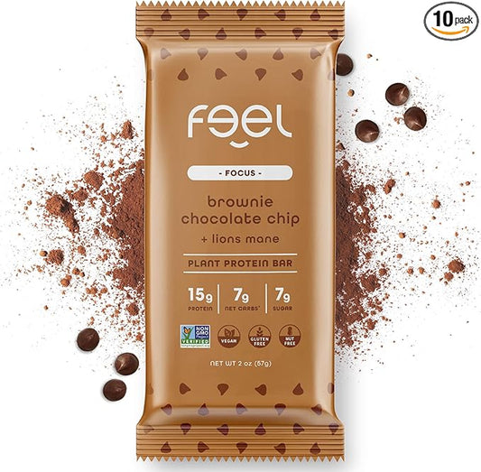 Feel Vegan Protein Bars | Brownie Chocolate Chip | Keto | Gluten Free | Organic | Lions Mane | 15g Plant Protein | Low Carb | High Protein | Dairy Free | Low Sugar | Grain Free | Nut Free | Soy Free | Non GMO - (Brownie Choco Chip, 10 Pack)