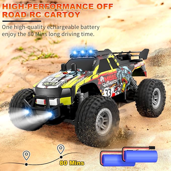 Remote Control Car for Kids Ages 6-12, High-Speed 2.4GHz Monster Truck with Flash LED Lights & Two Rechargeable Batteries – 80 Min Playtime, Off-Road Adventure Toy for Boys & Girls