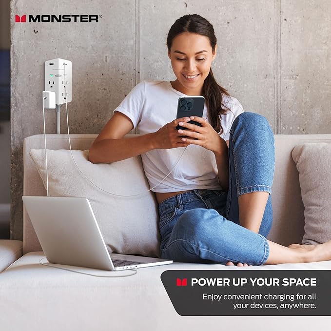 Monster Power Shield XL Surge Protector with Outlet Extender, Multiple Plug Outlet with 4 AC Outlets and 2 USB-A Ports, Reliable Wall Outlet with USB Ports