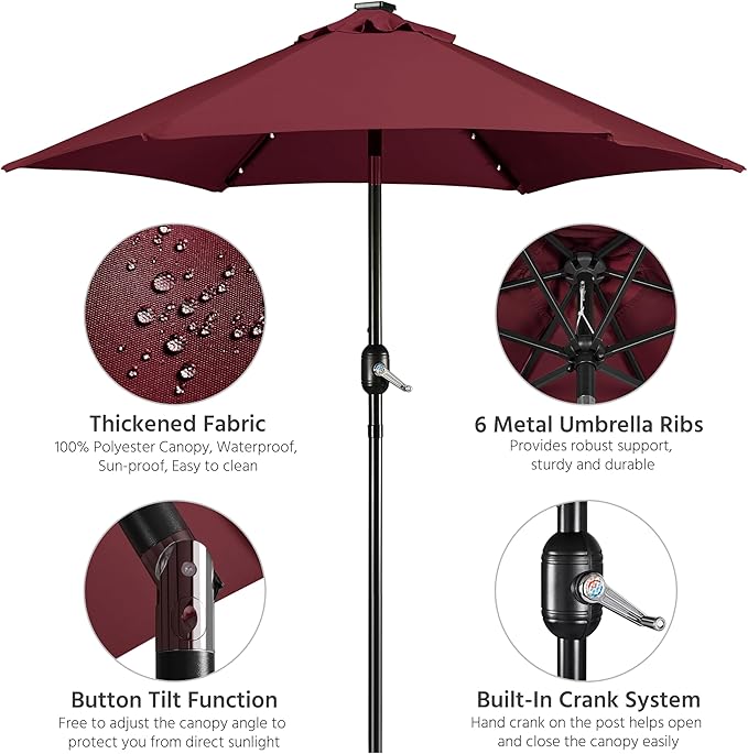 Yaheetech 7.5 ft Solar Patio Umbrella Outdoor Market Table Umbrella w/Push Button Tilt & Crank and UV Protection for Garden, Deck, Backyard, Pool and Beach, Burgungy