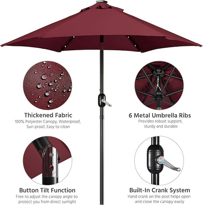 Yaheetech 7.5 ft Solar Patio Umbrella Outdoor Market Table Umbrella w/Push Button Tilt & Crank and UV Protection for Garden, Deck, Backyard, Pool and Beach, Burgungy