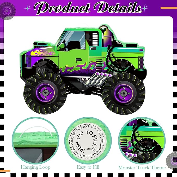 Threan Monster Truck Party Decorations Green and Purple Monster Truck Piñata Racing Car Piñata Game with Stick Blindfold for Adults Cool Birthday Party Decor Supplies
