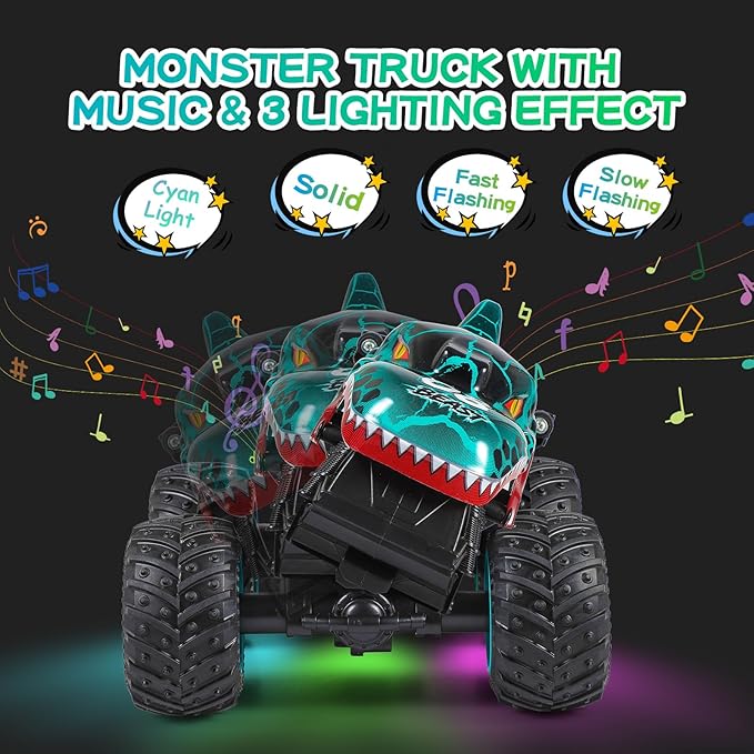DYODYORC Remote Control Car, 2.4Ghz All Terrain Dinosaur Monster Truck Toys, RC Truck with Music, 3 Lighting Effects, 360 Stunt Capable, All Included Ready to Run, Toy Gifts for Boys and Girls (Cyan)