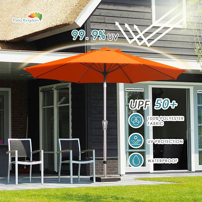 PatioKingdom 9FT Patio Outdoor Umbrella-UPF 50+ Sun Shade with Wind Vent, Push-Button Tilt & Smooth Crank Lift, Rust-Resistant Fiberglass Frame for Garden, Backyard,Yard