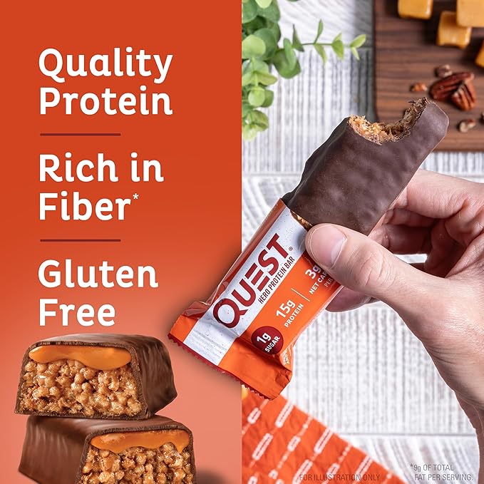 Quest Nutrition Crispy Chocolate Caramel Pecan Hero Protein Bar, 15g Protein, 1g Sugar, 3g Net Carbs, Gluten Free Protein Snack, Keto Friendly, 4 Count